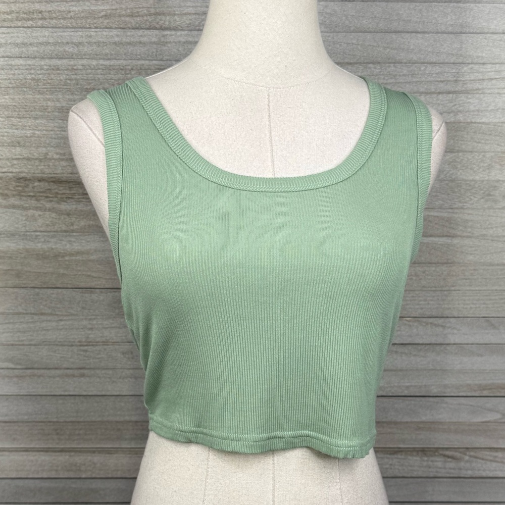 BLUSH MARK Cropped Ribbed Tank Top Green-XL